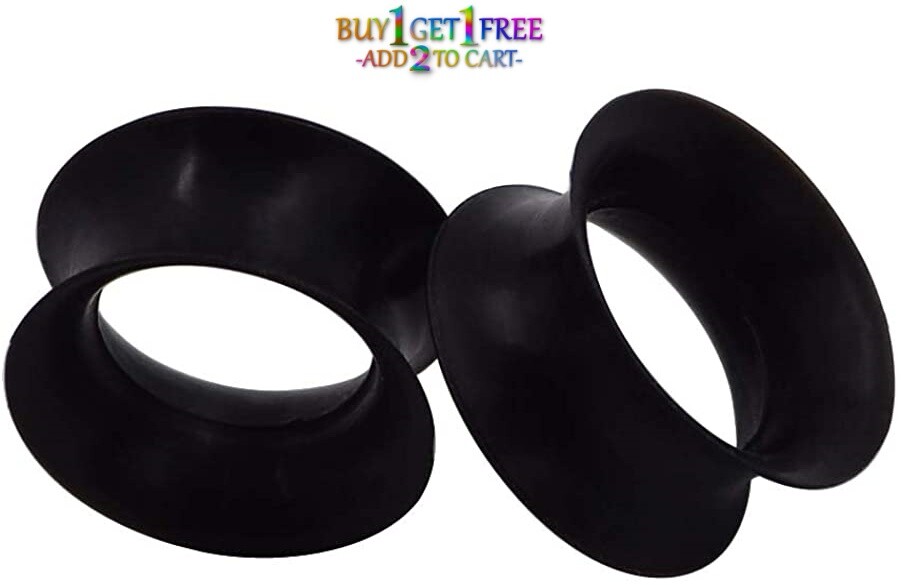 Pair 8g-40mm BLACK SILICONE EARSKIN TUNNELS Double Flare Gauges Thin Flesh 3052