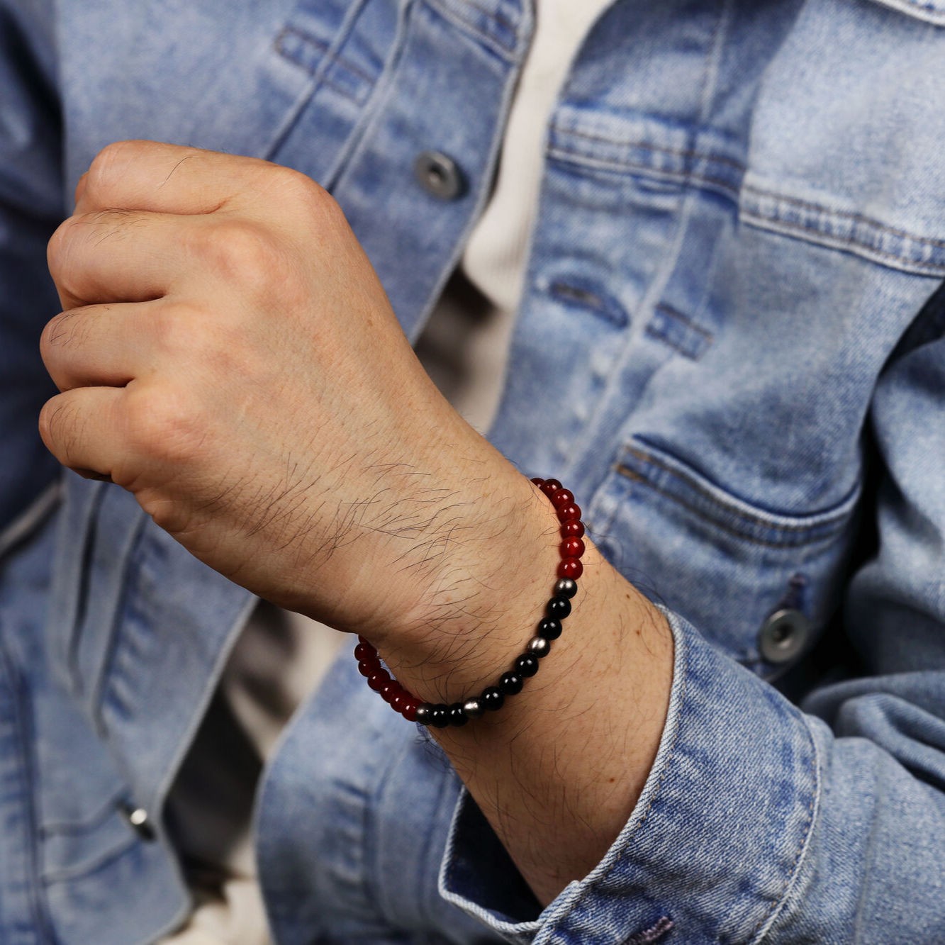 Gun Metal Red Adjustable Bead Bracelet – 6 MM Wide, 8.5 Inches Length with Lobst