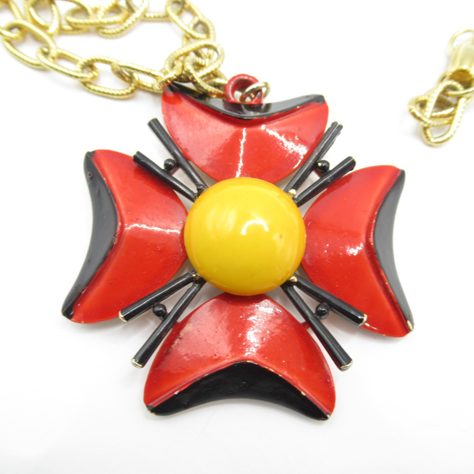 Signed ART Arthur Pepper Necklace Red Black Yellow Enamel Maltese Cross Vintage