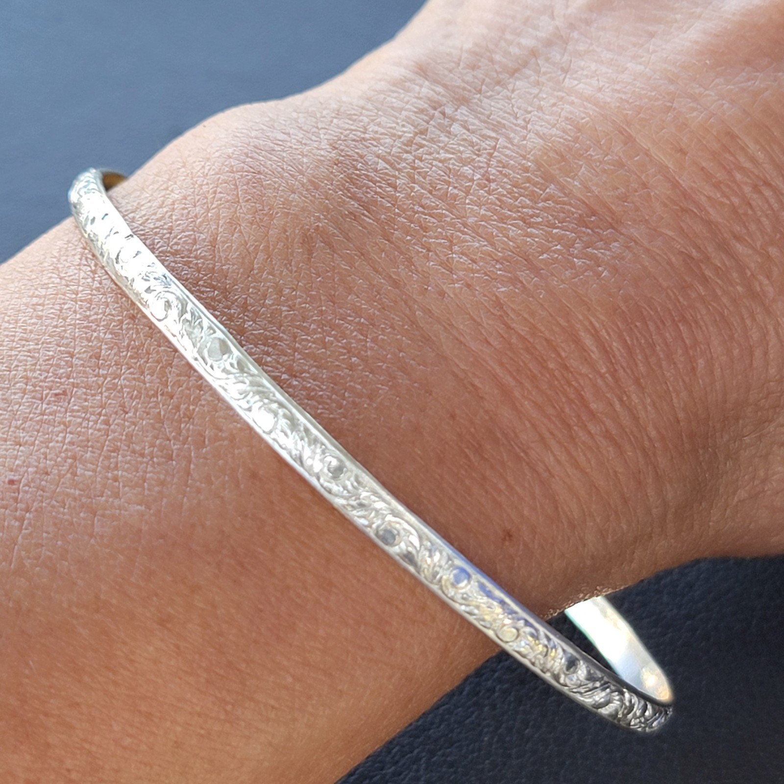 Vintage Sterling Silver 925 FANCY Bangle Bracelet Size 8.25″ 3.5mm