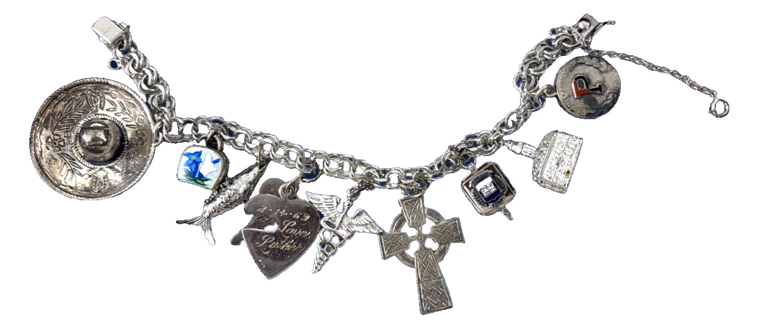 Sterling SIlver Charm Bracelet 50g Vintage 1960s American Yale Doctor 10 Charms