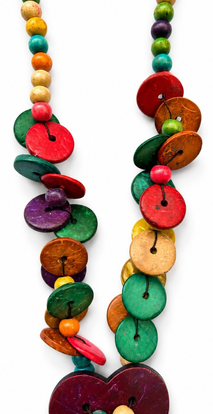 Boho Wooden Bead Necklace Coconut Shell Heart Pendant Handmade Hippie Jewelry