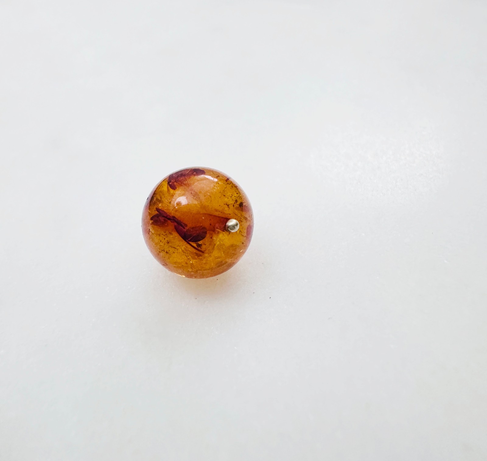 14K Solid Yellow Gold 9mm Round Cognac Baltic Amber Charm Pendant w/Spring Clasp