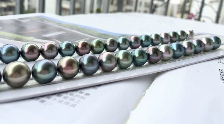 Rare Multi-gray Peacock black Tahitian Pearl 10-11.6mm Top Quality Necklace 43cm