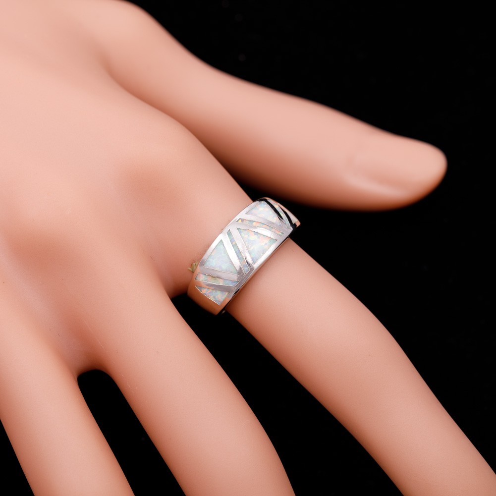 Triangle White Fire Opal Silver Jewelry Women Band Ring Size 6 7 8 9 10