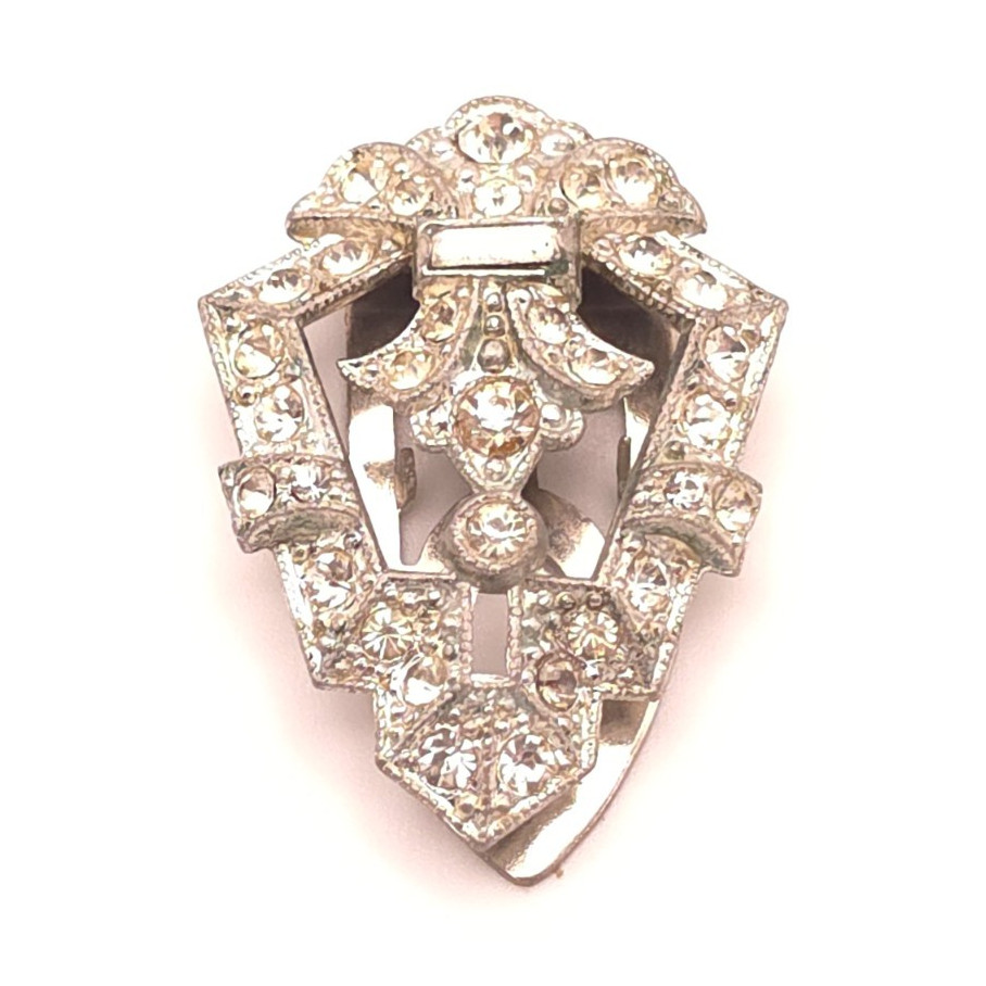 Vintage Art Deco Silver Tone Shield Dress Clip, Clear Round Simulated Rhinestone