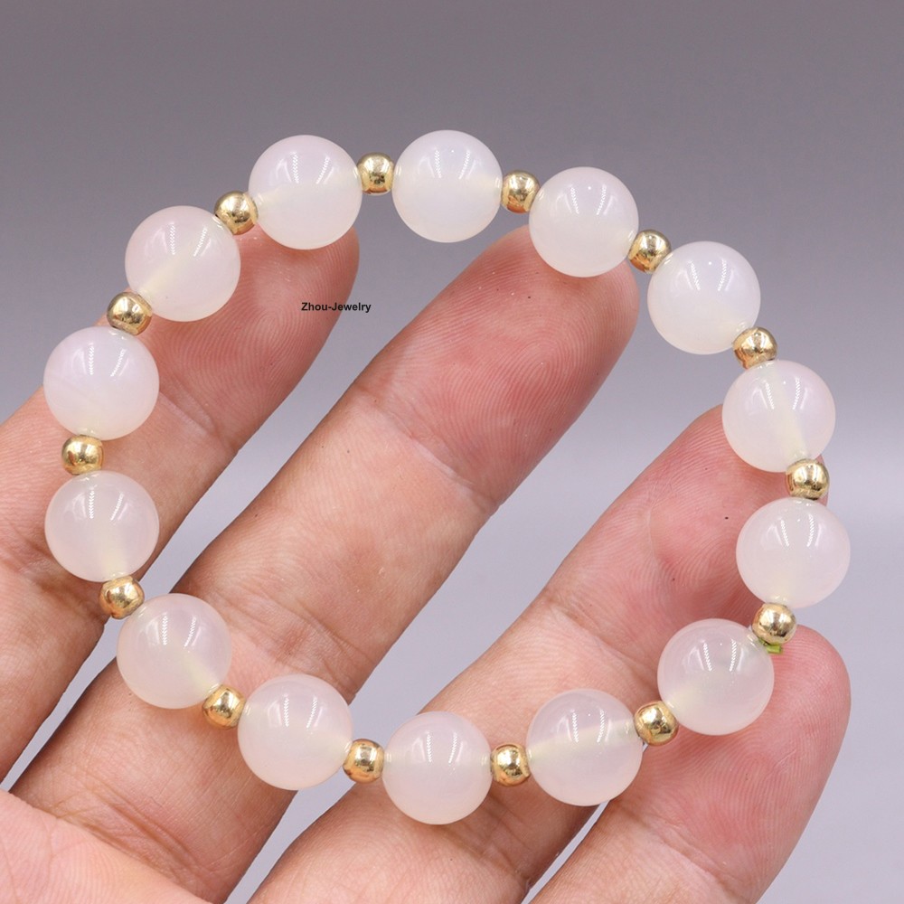 Natural Chinese White Agate 10mm Bead Handmade Women’s Elastic Bracelet