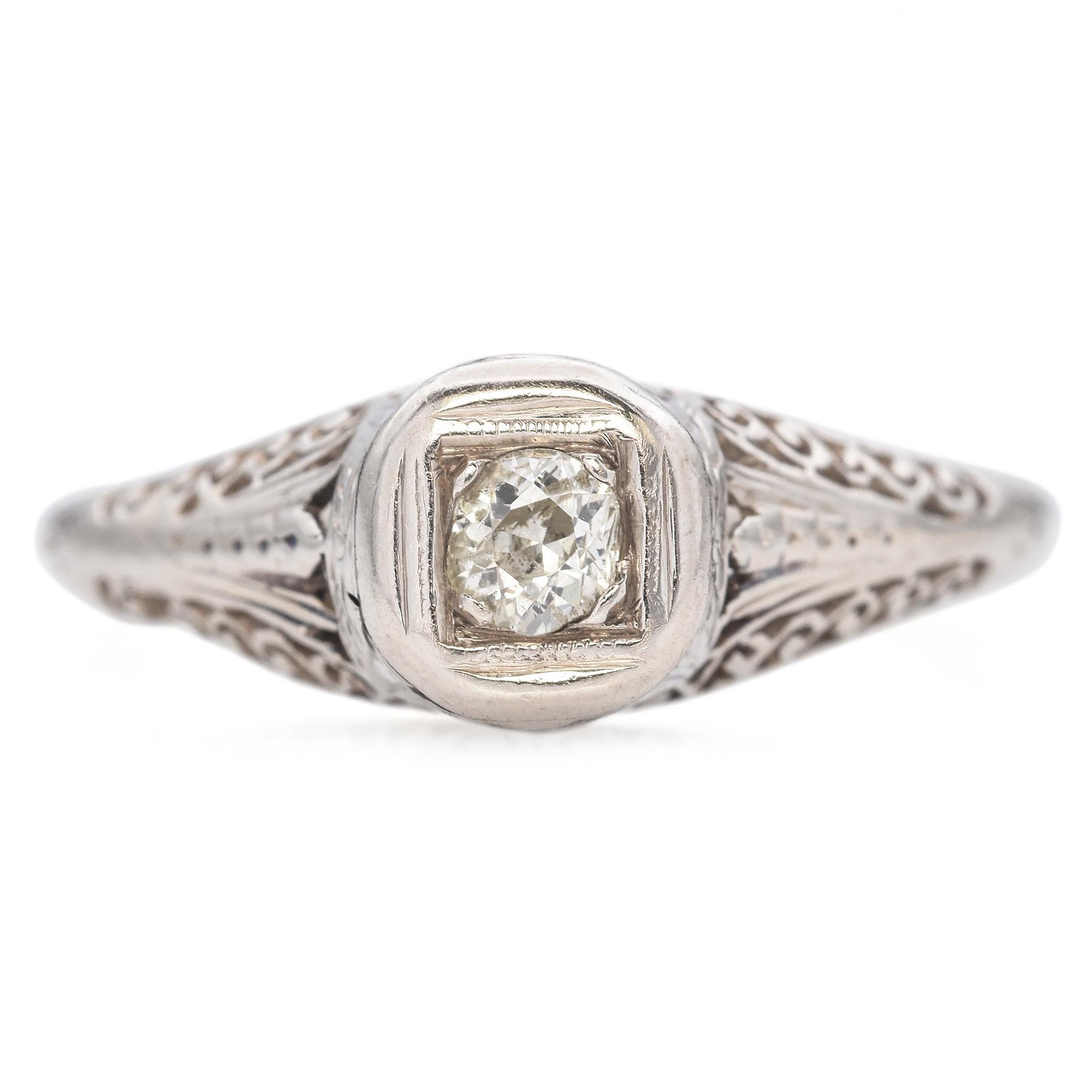 Vintage White Gold 0.11ct Old Euro Diamond Filigree Engagement Ring