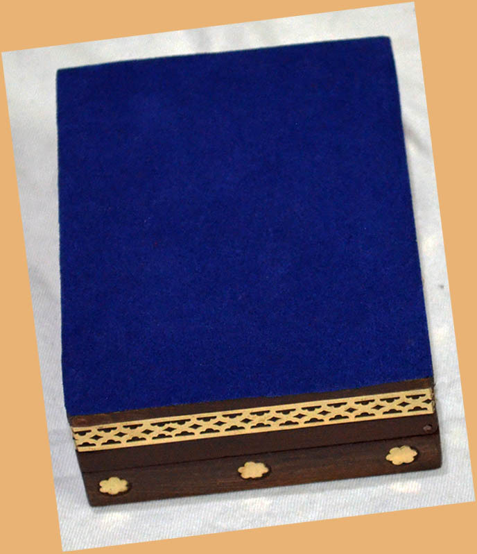 Wooden jewelry box with glass gem stone painting and brass border from India!