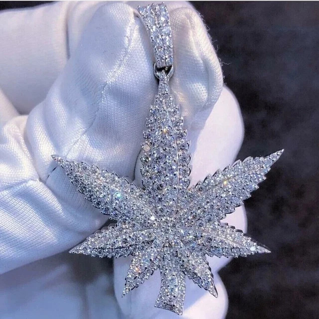Real Moissanite 3Ct Pass Tester Men’s Marijuana Leaf Pendant 925 Sterling Silver