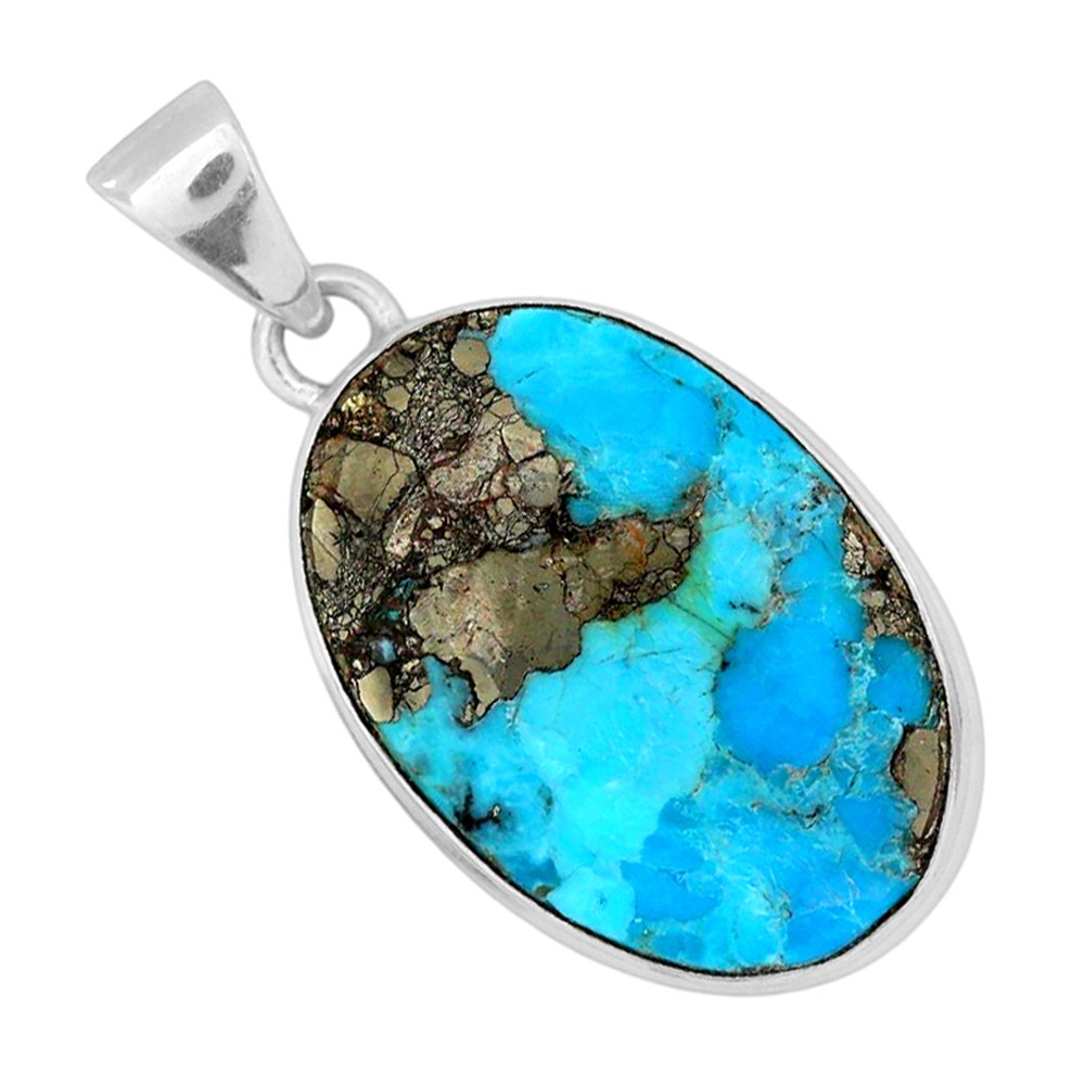 Kingman Turquoise With Pyrite 925 Silver Plated Pendant Jewelry WP27-10007