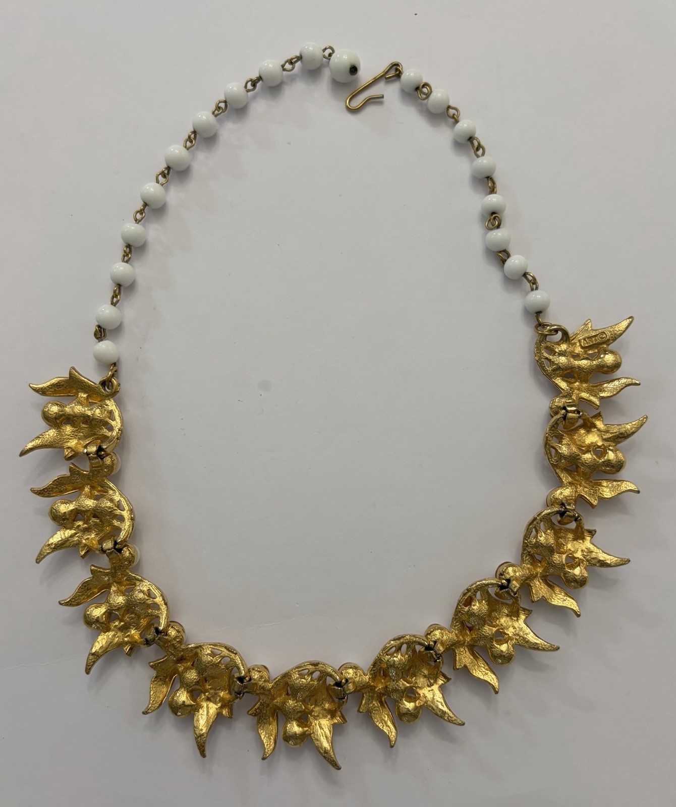 Vintage ART Signed White Milk Glass Bead Leaf Necklace Gold Tone Mid Century