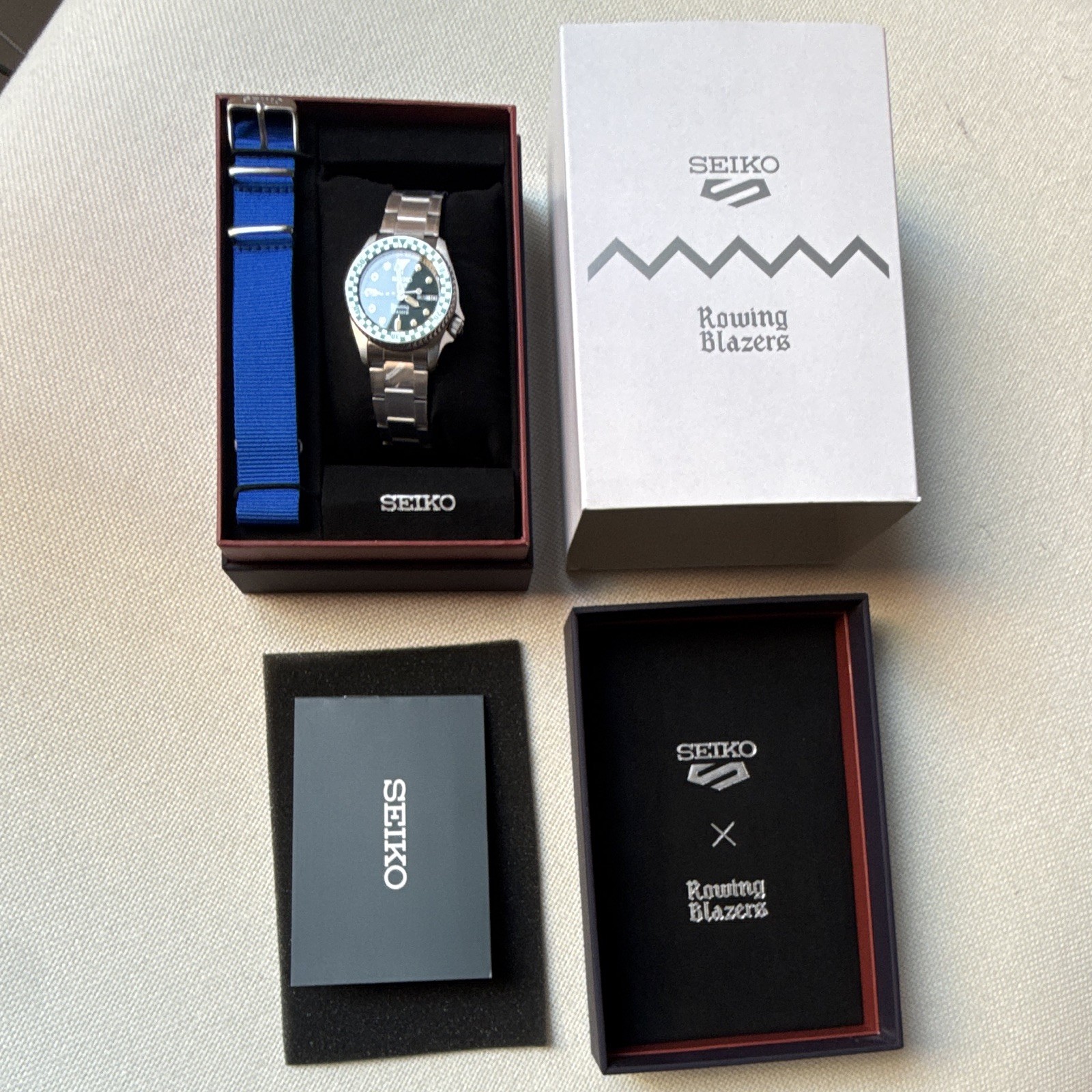Seiko 5 Sports x Rowing Blazers Auto Green Dial Box/Manual + Blue NATO