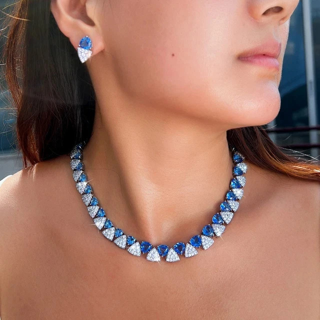 27 Ctw Trillion Lab-Created Sapphire Only Necklace 14K White Gold Plated Silver