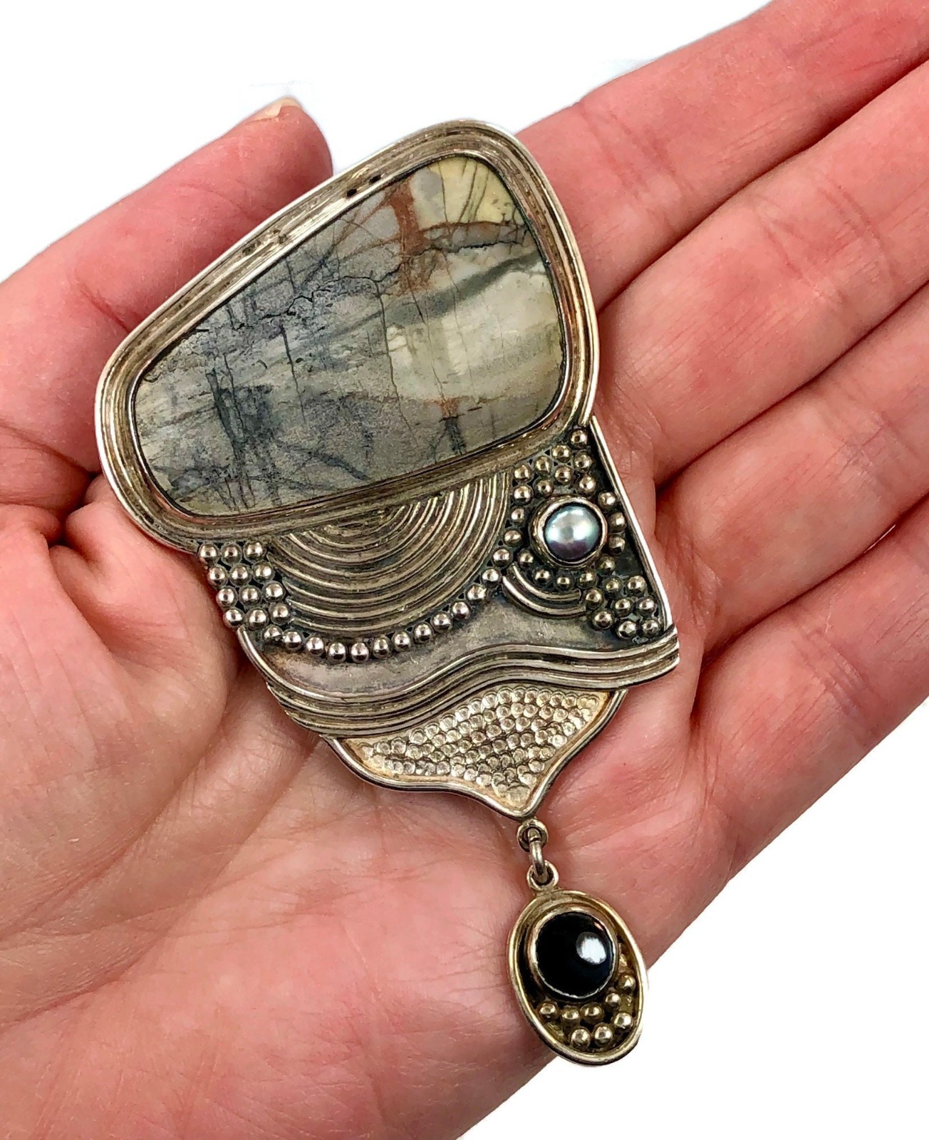 Picasso Stone, Designer, Yuma, Sterling Silver, Large, Modern Contemporary, Onyx
