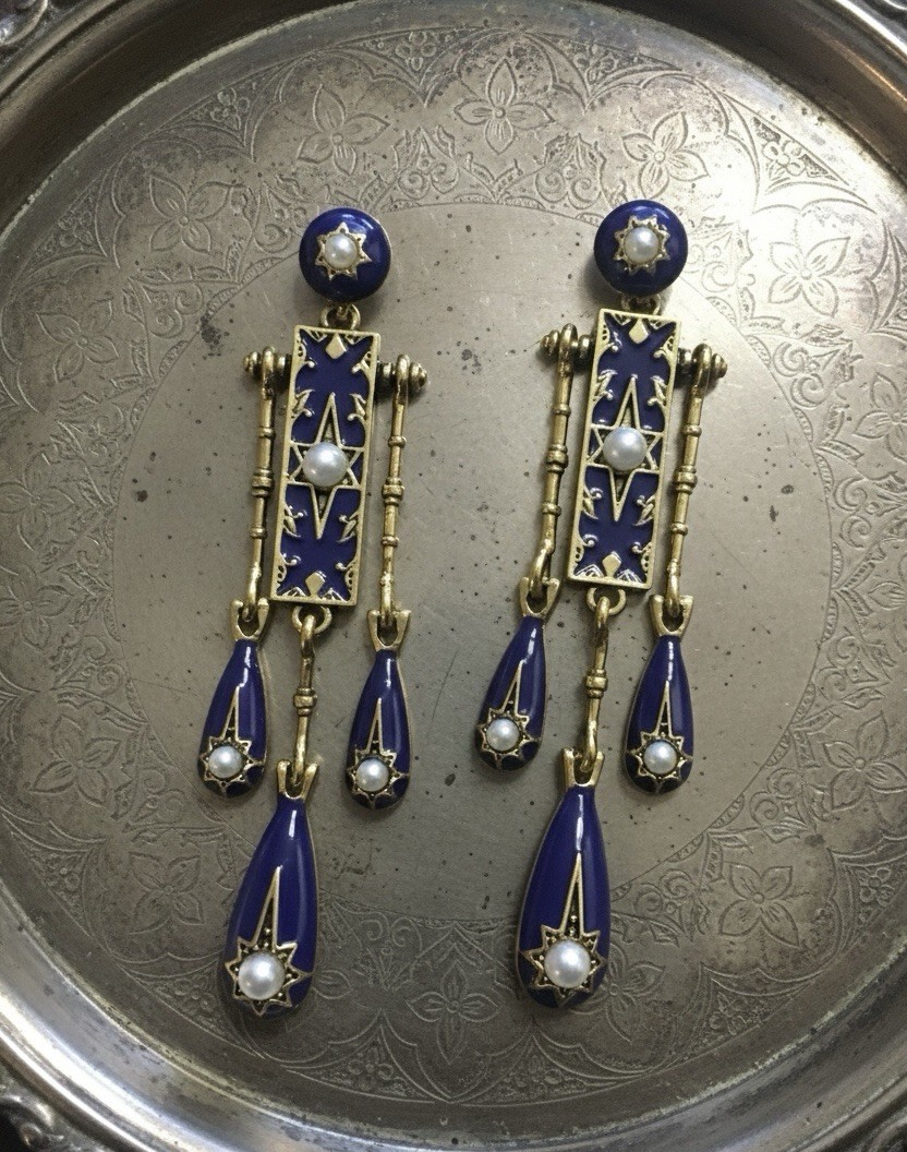 Antique Pearl Star Earrings Art Gold Court Deco Museum VTG Celestial Palace Boho