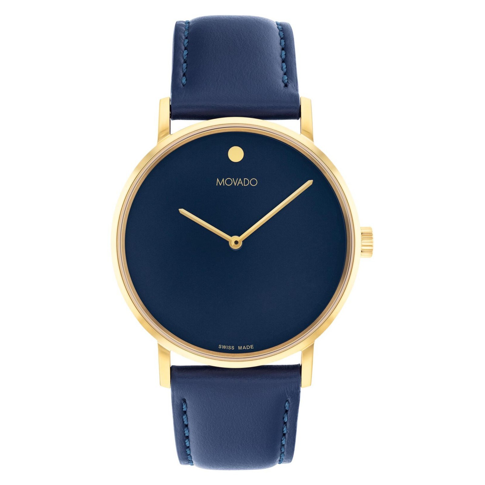MOVADO Signature Dark Blue Dial & Leather Strap Gold Watch 0608100