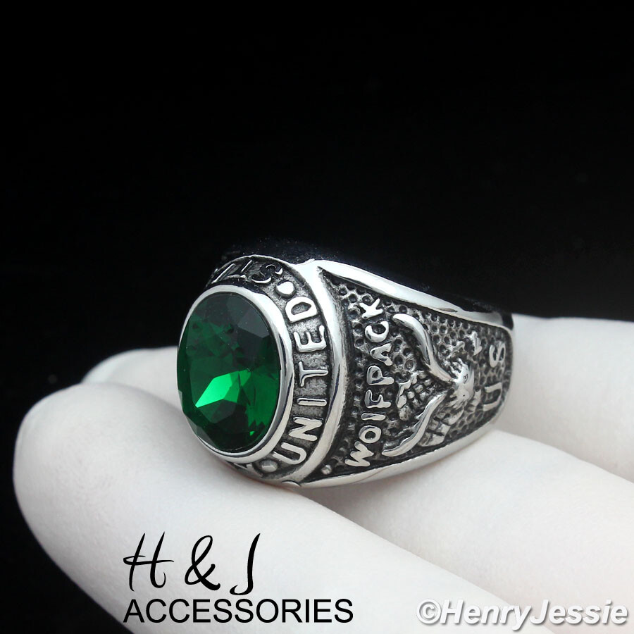 Stainless Steel US Army Military Green Rhinestone Silver/Black Plated Ring*AR100