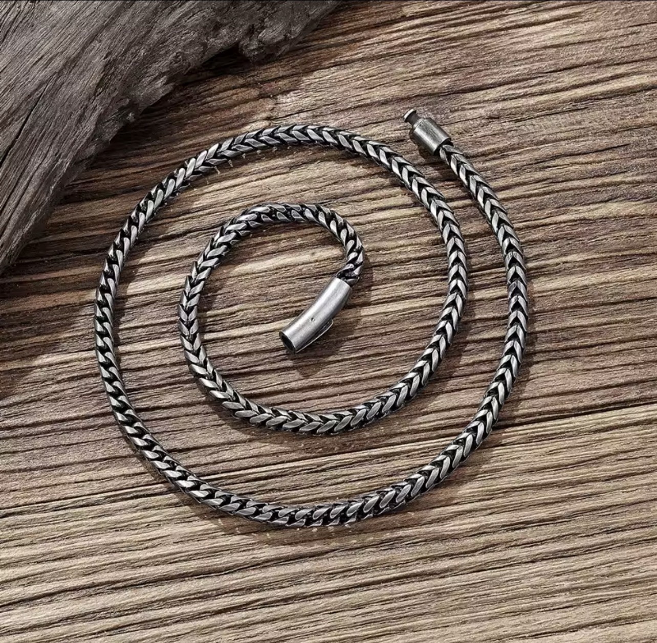 Men’s Black Silver Stainless Steel Viking Wheat Chain Necklace 60cm