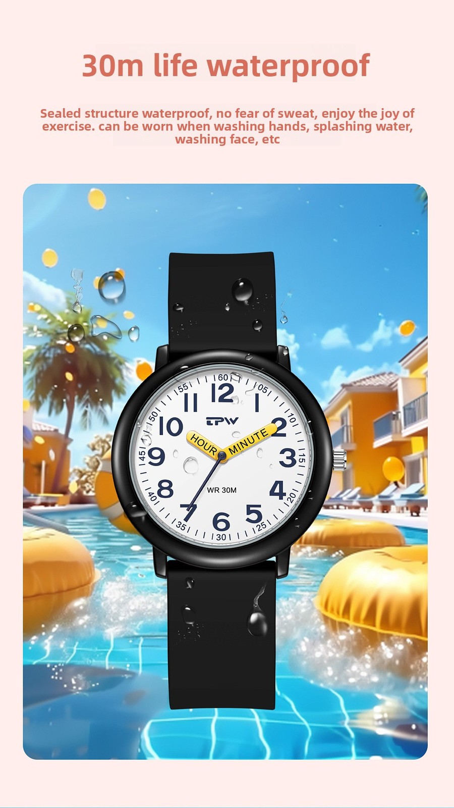Kids Learning Time Analog Watch 30M Waterproof Quartz Wristwatch for Boys Girls