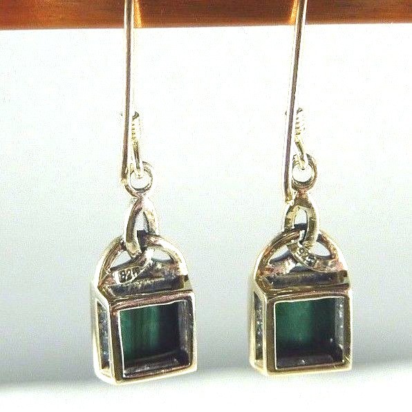 Lab-Created Malachite Sterling Silver Triquetra Celtic Knot Dangle Earrings