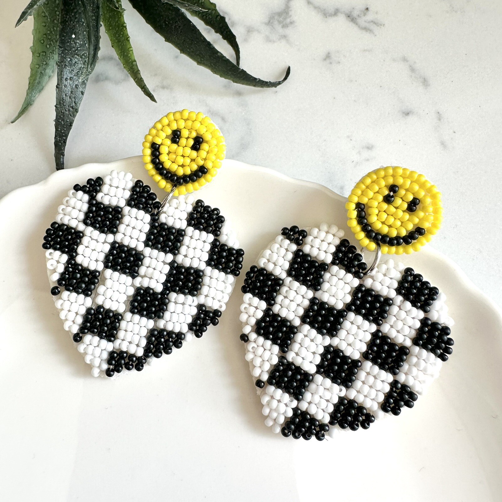 Smiley Face Checkered Heart Beaded Earrings Black White Skater Jewelry Gift NEW