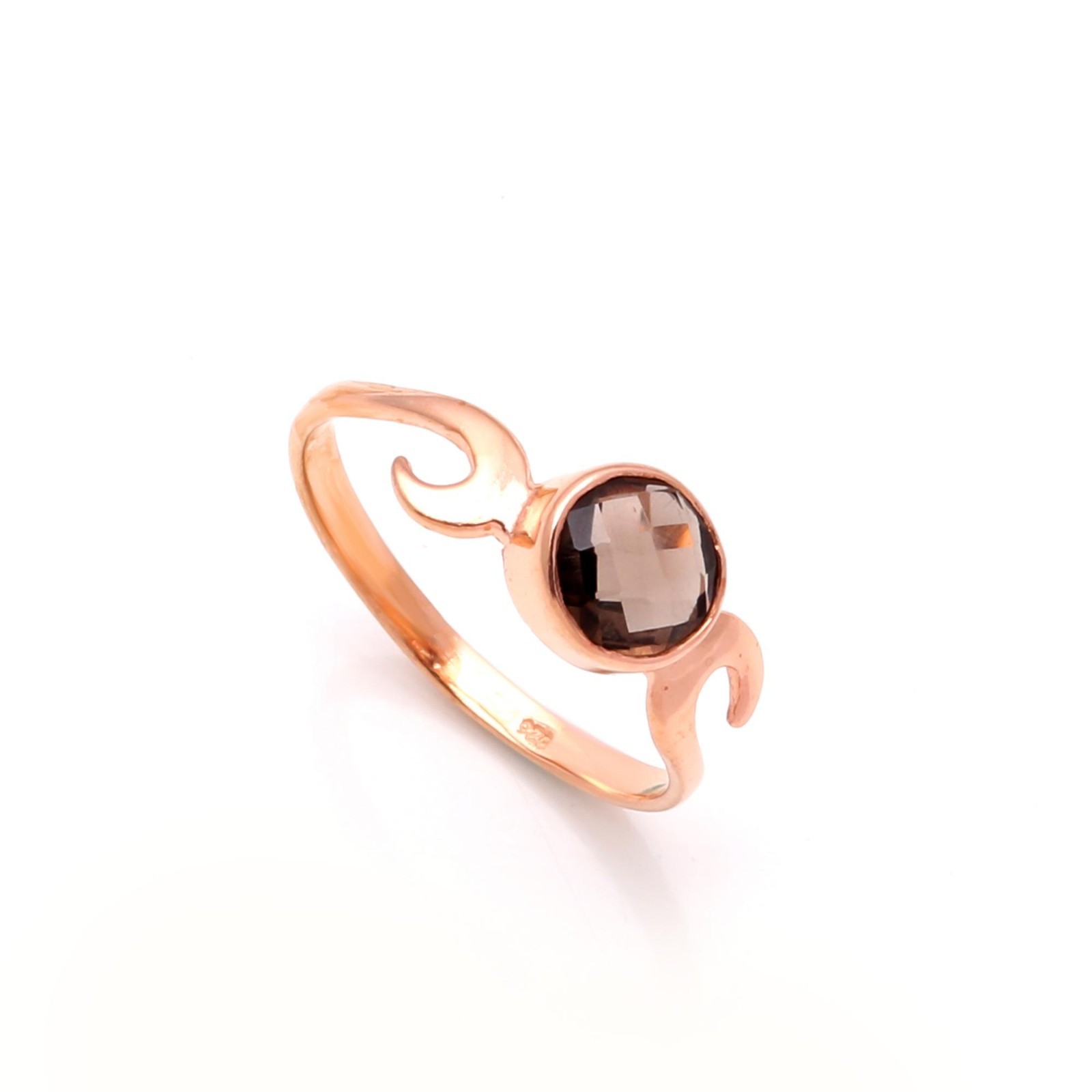 Natural Smoky Quartz Round Cut Ring Rose Gold Fill 925 Sterling Silver Jewelry