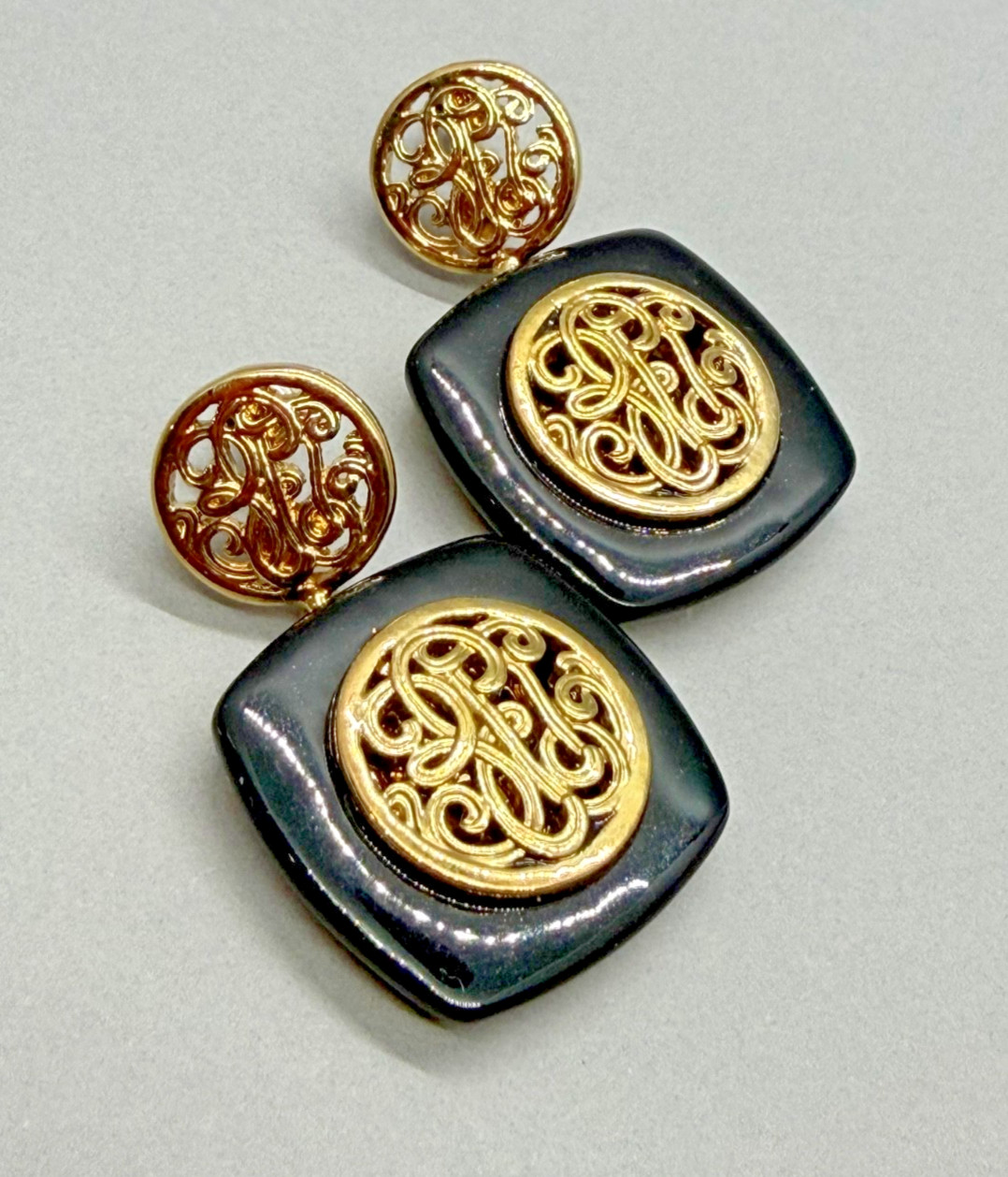 Monet Black and Gold Tone Scroll Design Post Dangle Earrings 1.50″