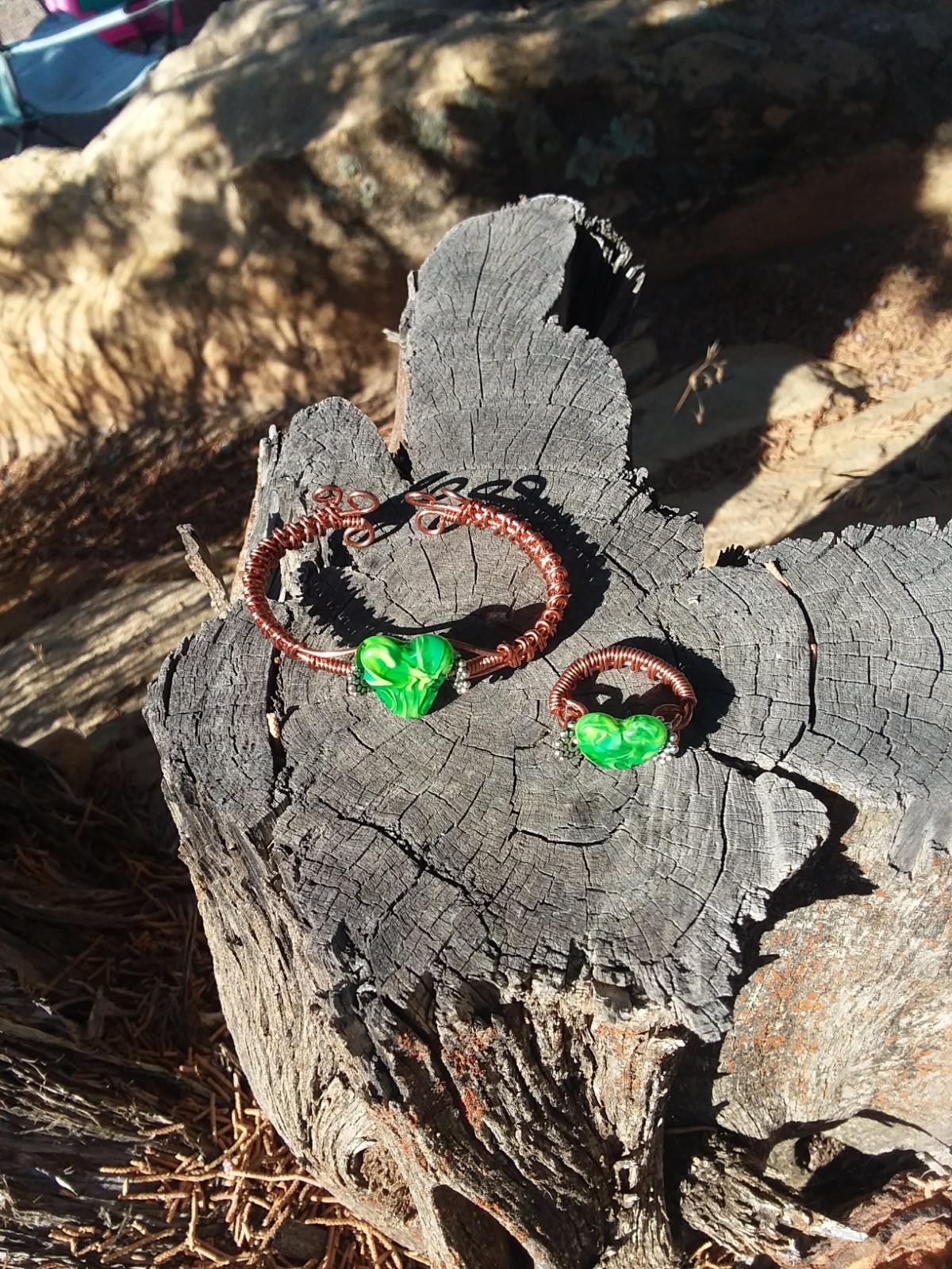 handmade glass lampwork bead, copper wire cuff bracelet and matching ring