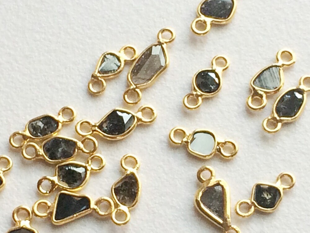 9-12mm Black Slice Raw Diamond Connector, Black Rough Diamond, 925 Silver Gold