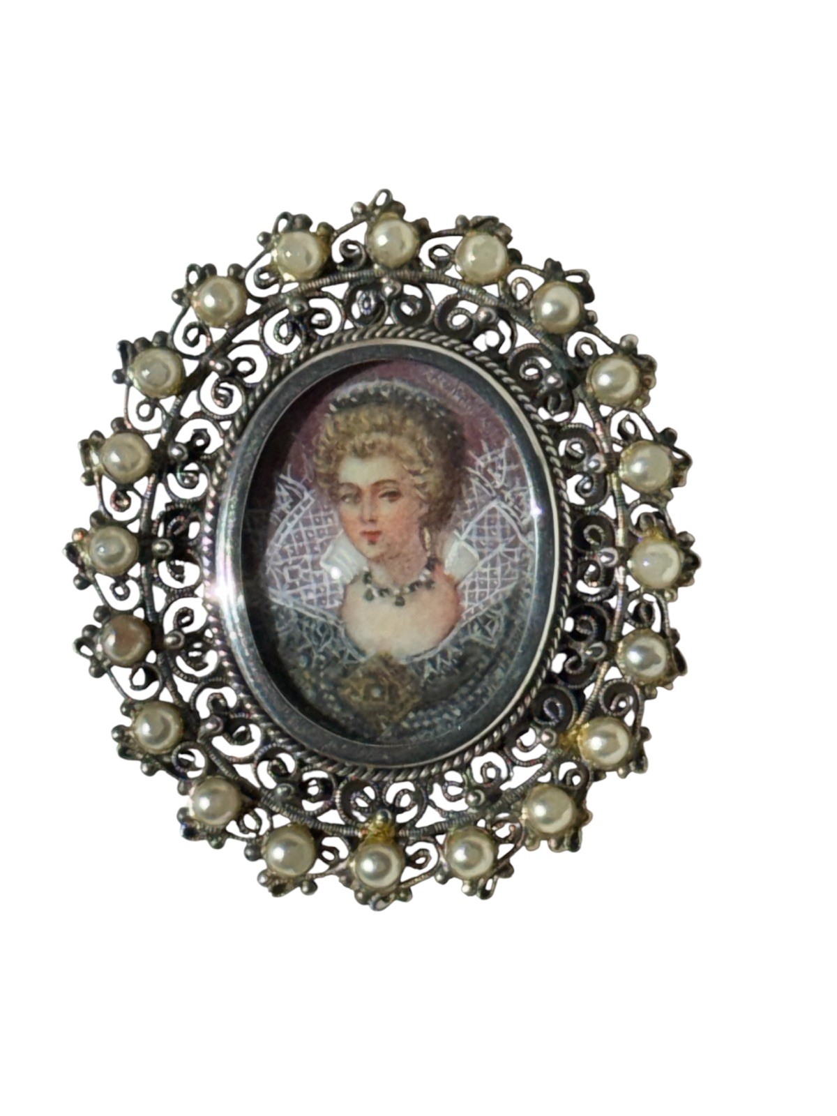 Vintage Portrait Brooch Hand-Painted Mini 800/835 Filigree Faux Pearl Halo