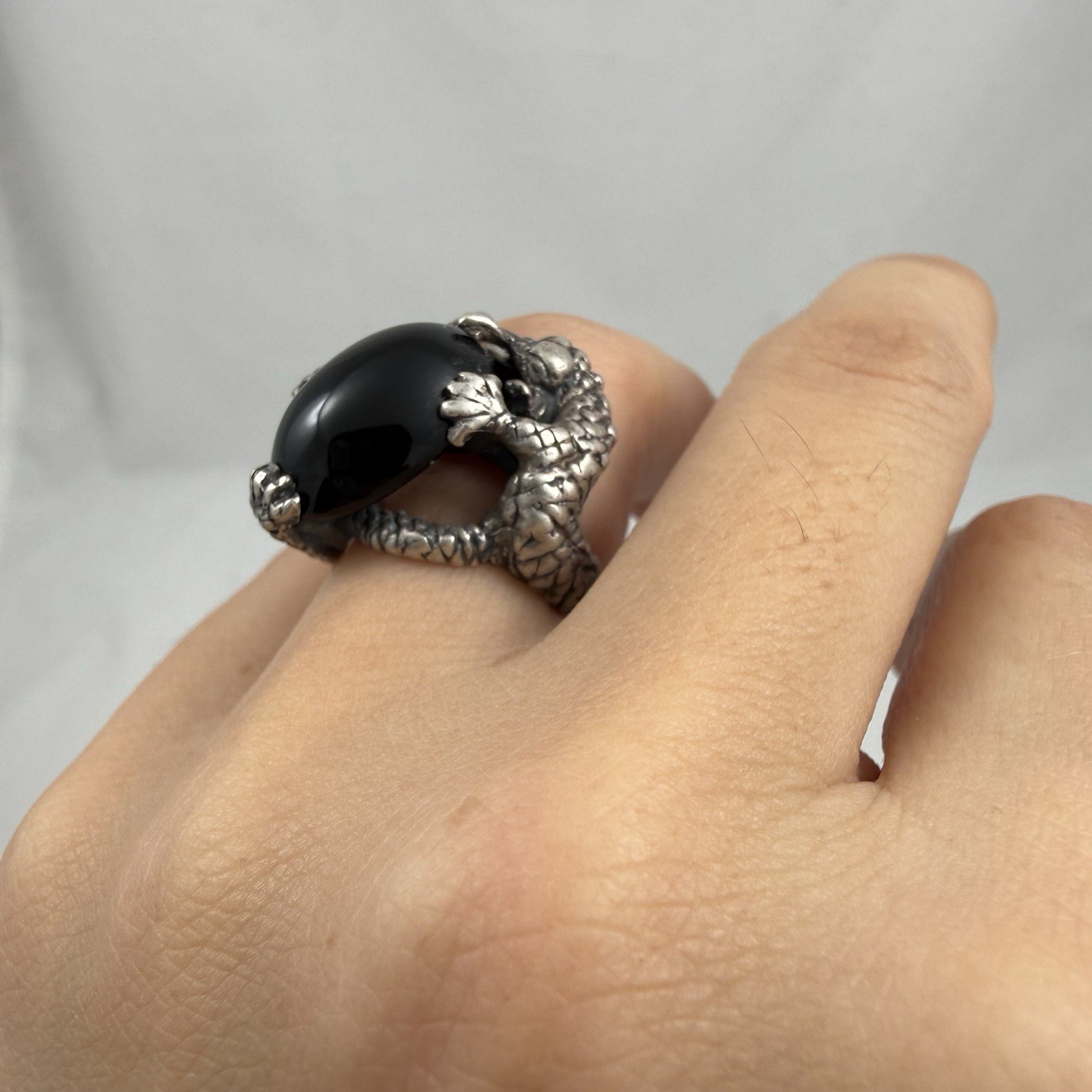Vintage Sterling Silver Black Onyx Dragon Ring size 4.75 9.2 Grams