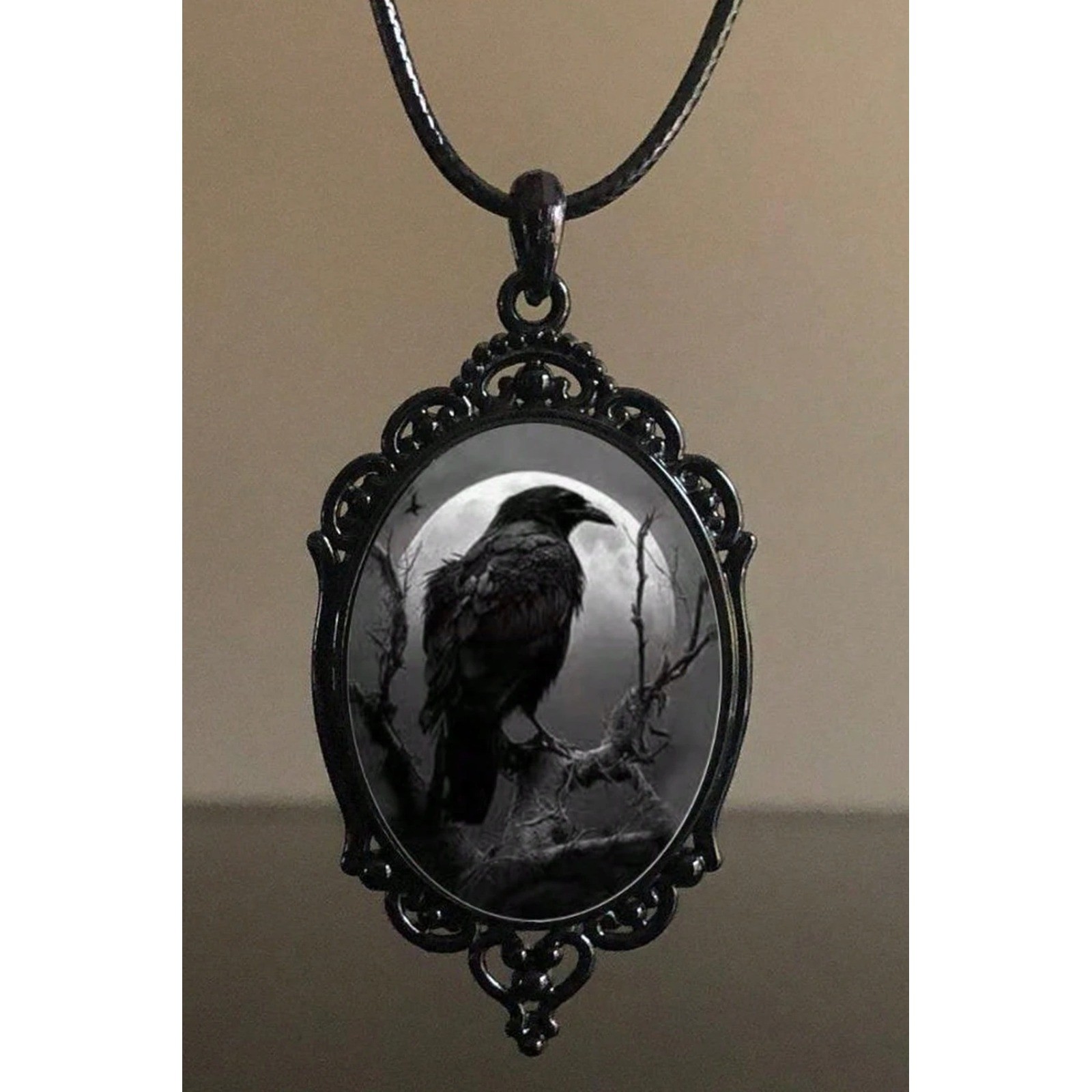 Gothic Raven Cameo Necklace Black Crow Moon Filigree Pendant Victorian Jewelry