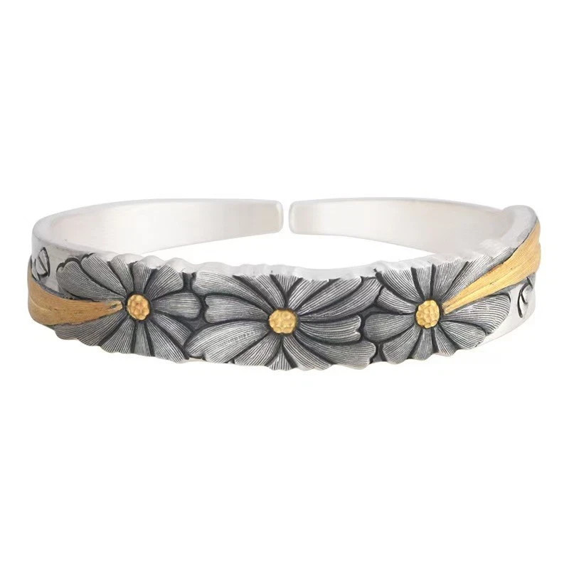 Solid S999 Fine Silver Bracelet Women Unique Flower Open Bangle 57-58g ID58mm