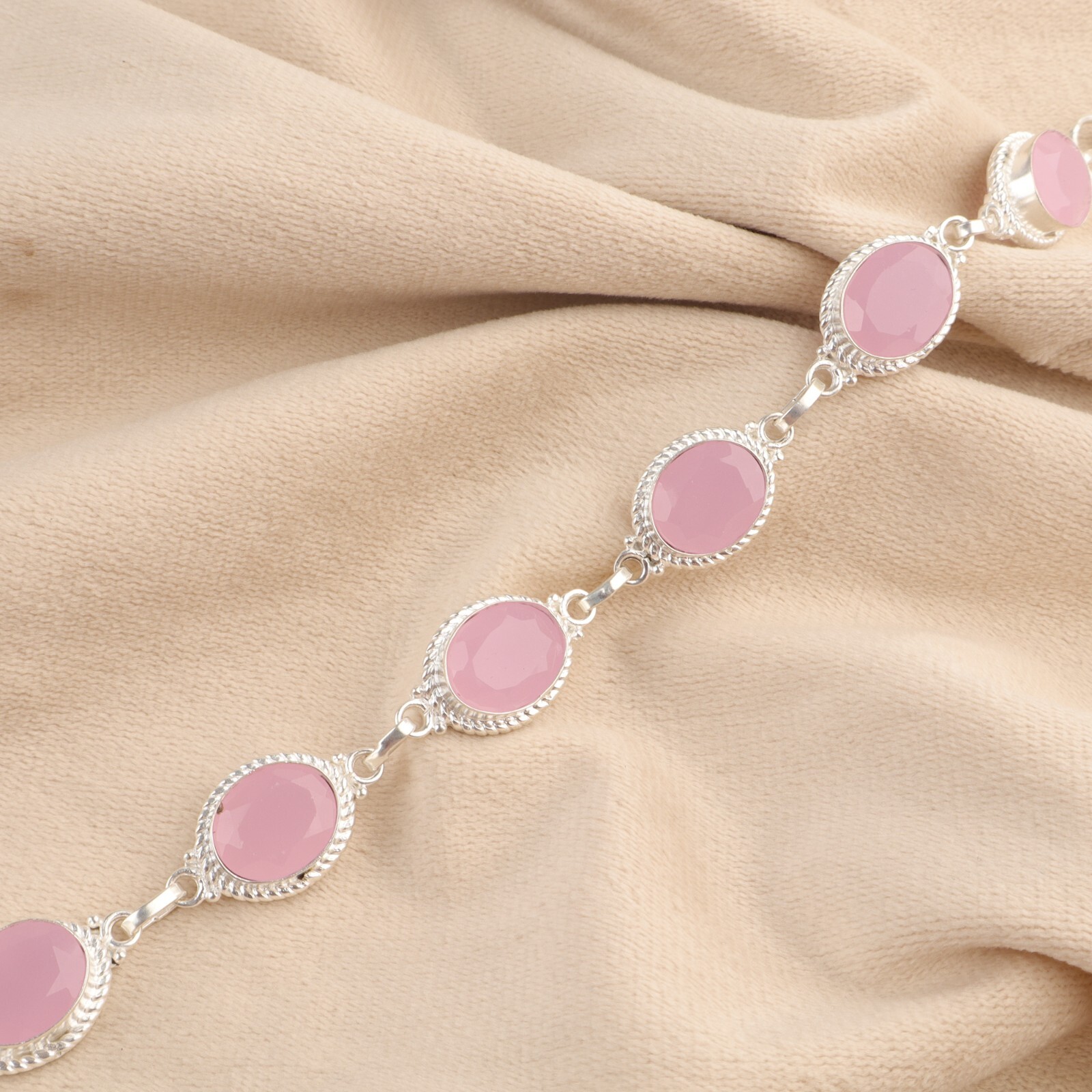 Natural Rose Chalcedony Gemstone Chain Pink Bracelet 925 Sterling Silver Jewelry