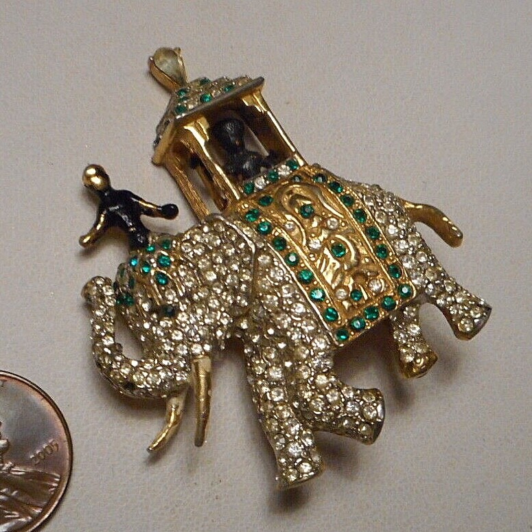 Vintage Boucher? Diamante & Emerald Rhinestone Pave Elephant w Howdah & Figures