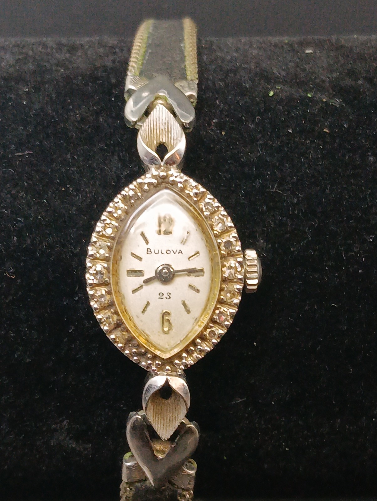 Vintage Bulova 23 Jewel 14K White Gold Marquise Diamond Watch Head For Repair