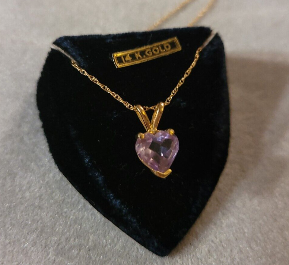 14k Yellow Gold Heart Shaped AMETHYST Pendant w 18″ Rope Chain 2 Cts 1.81 grams