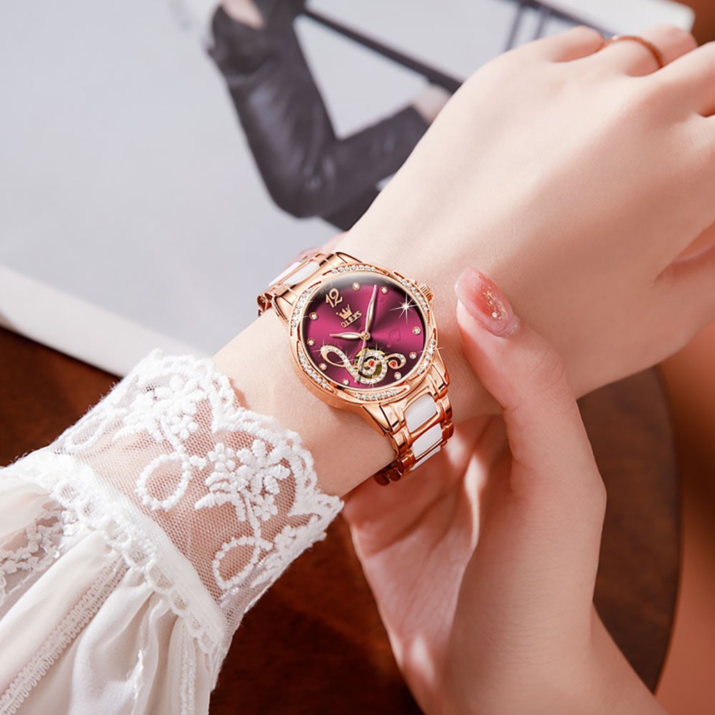 OLEVS 6656 Leather Ceramic Gear Superior Women Dress Mechanical Automatic Watch