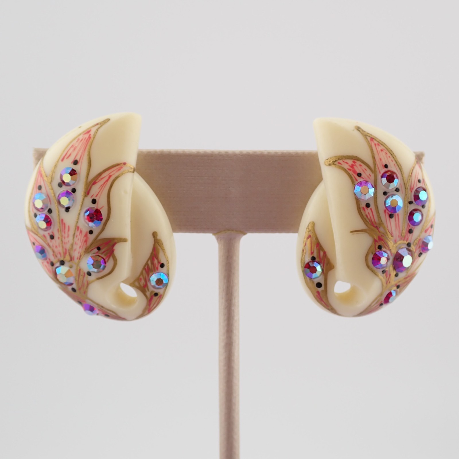 Vintage Red AB Rhinestone Parrot Head Molded Resin Clip Earrings