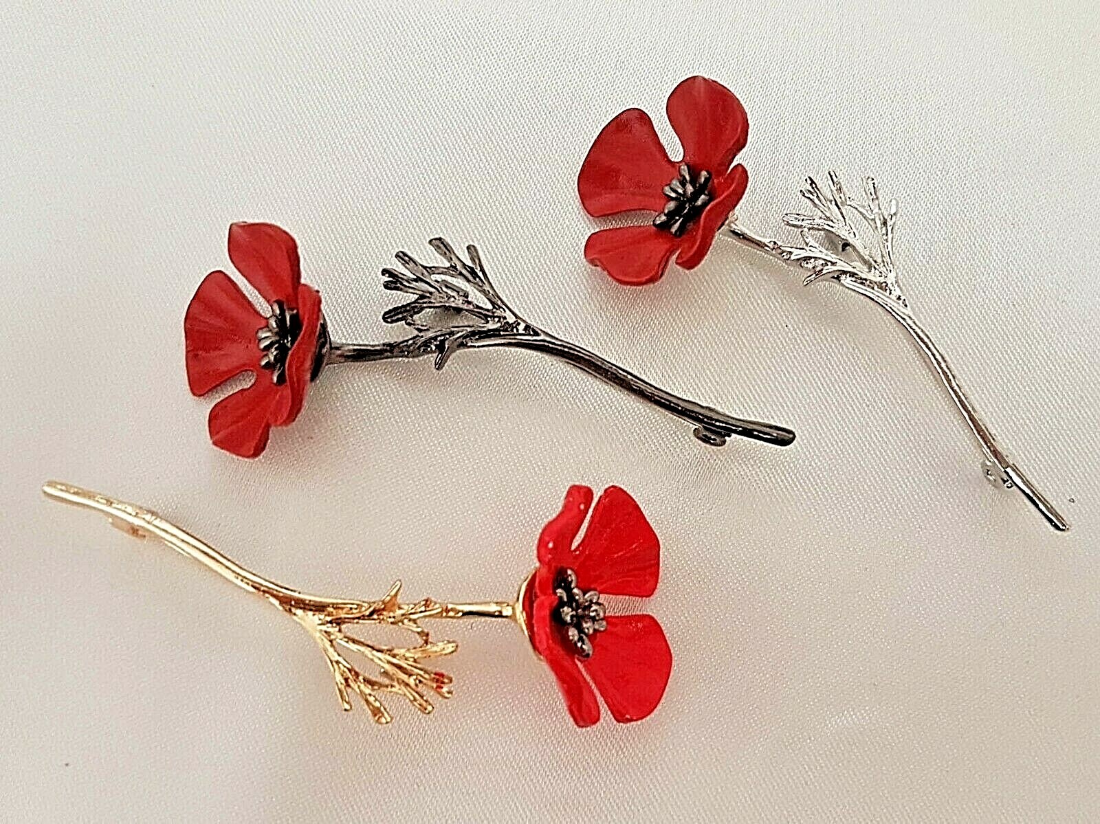 Enamel Red Poppy on Black Stem Approx 75mm x 30mm By CassysJules