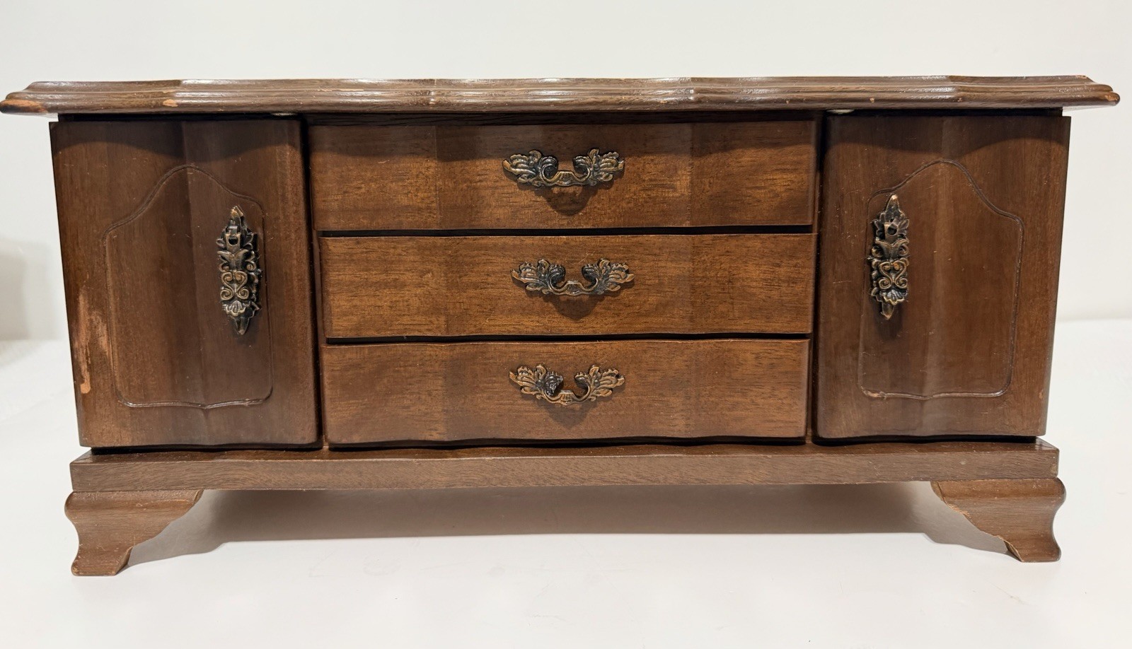 Vintage Wood Jewelry Box Blue Velvet Lined Plays Music Table Top 7 Drawers Doors