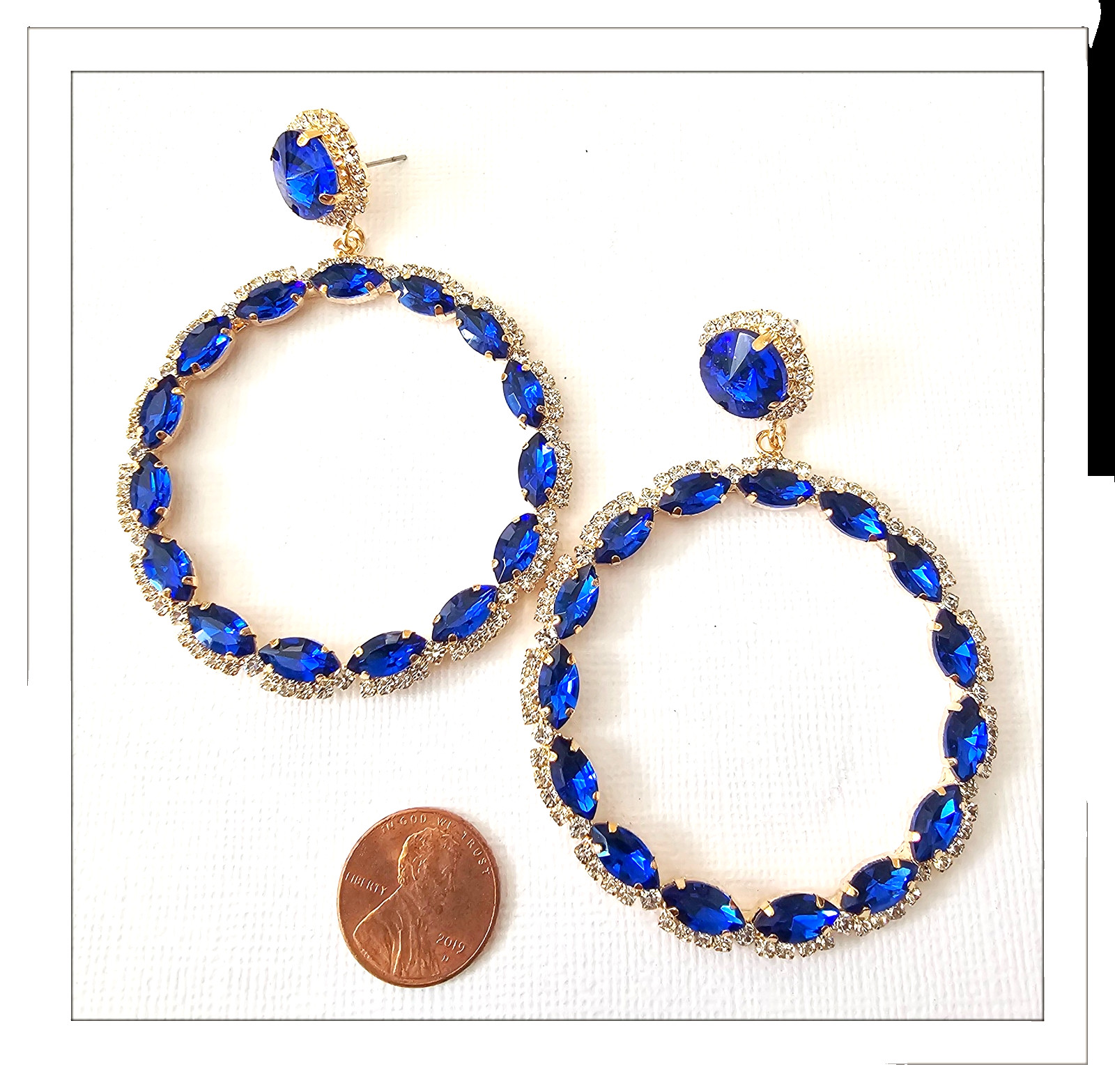 Royal Blue Crystal Hoop Earrings Extra Large Special Occasion Chandelier 3′ L