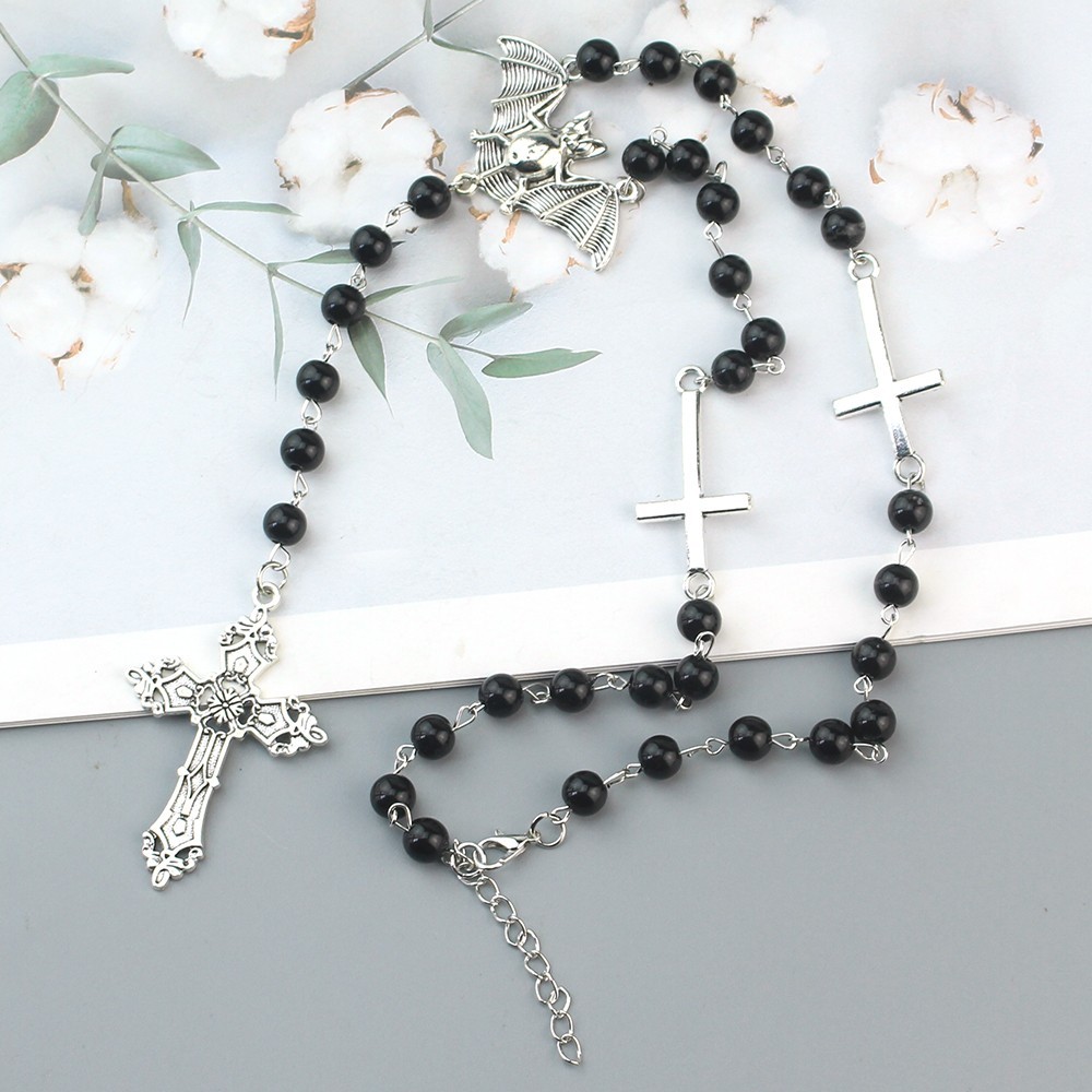 Bat Rosary Cross Necklace Gothic Goth Punk Alternative Jewelry