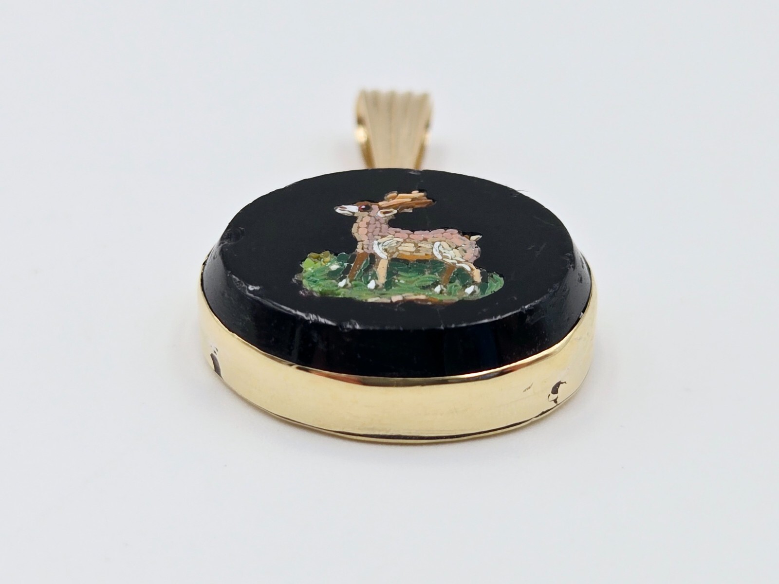 Micro Mosaic Pendant Deer Stag 14K Gold & other metals Italy Grand Tour Necklace