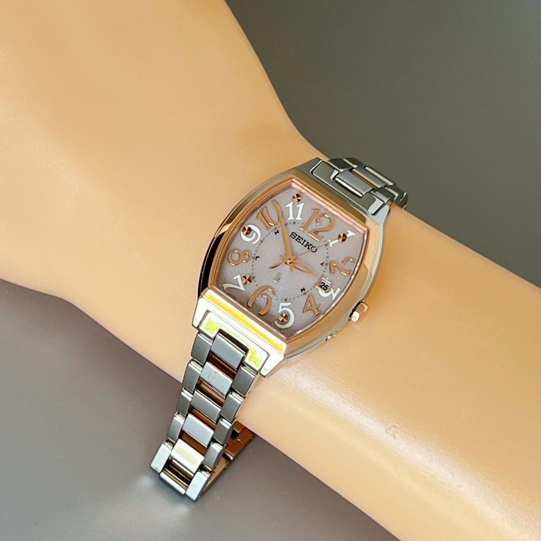 SEIKO LUKIA SSVW214 1B32 Radio Solar Tonneau Watch Pink Goldtone 27.7×36.3mm