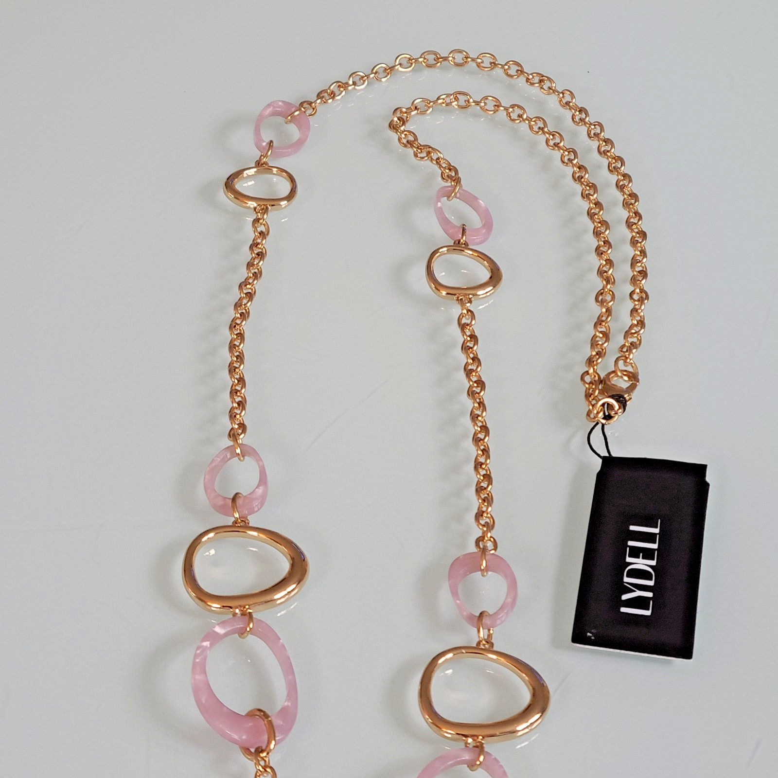 Lydell NYC 36″ Long Necklace Gold Tone Pink Marble Lucite Organic Links NOS