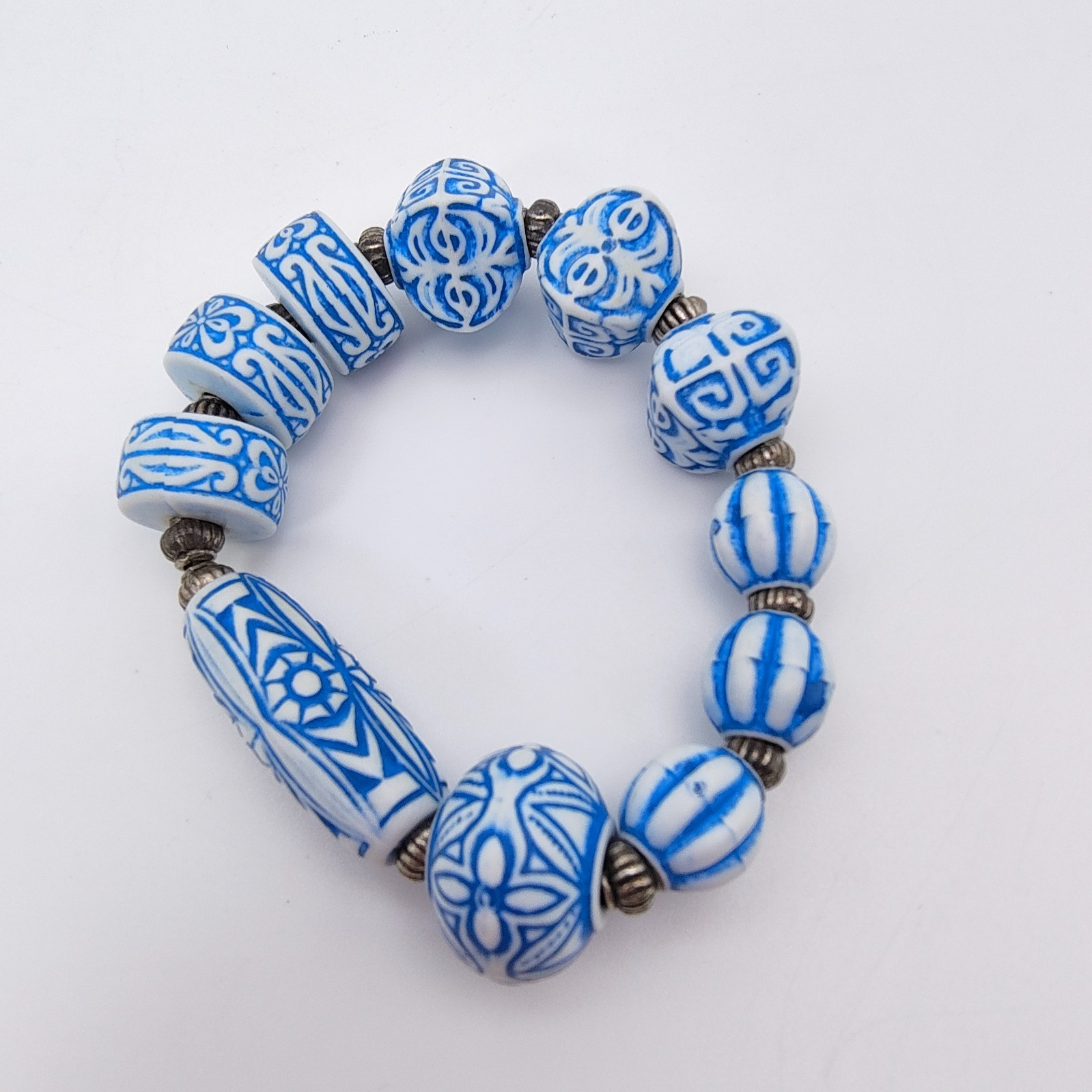 Modern Chinoiserie Style Cuff & Strech Bracelet Lot of 2 Blue White Stackable