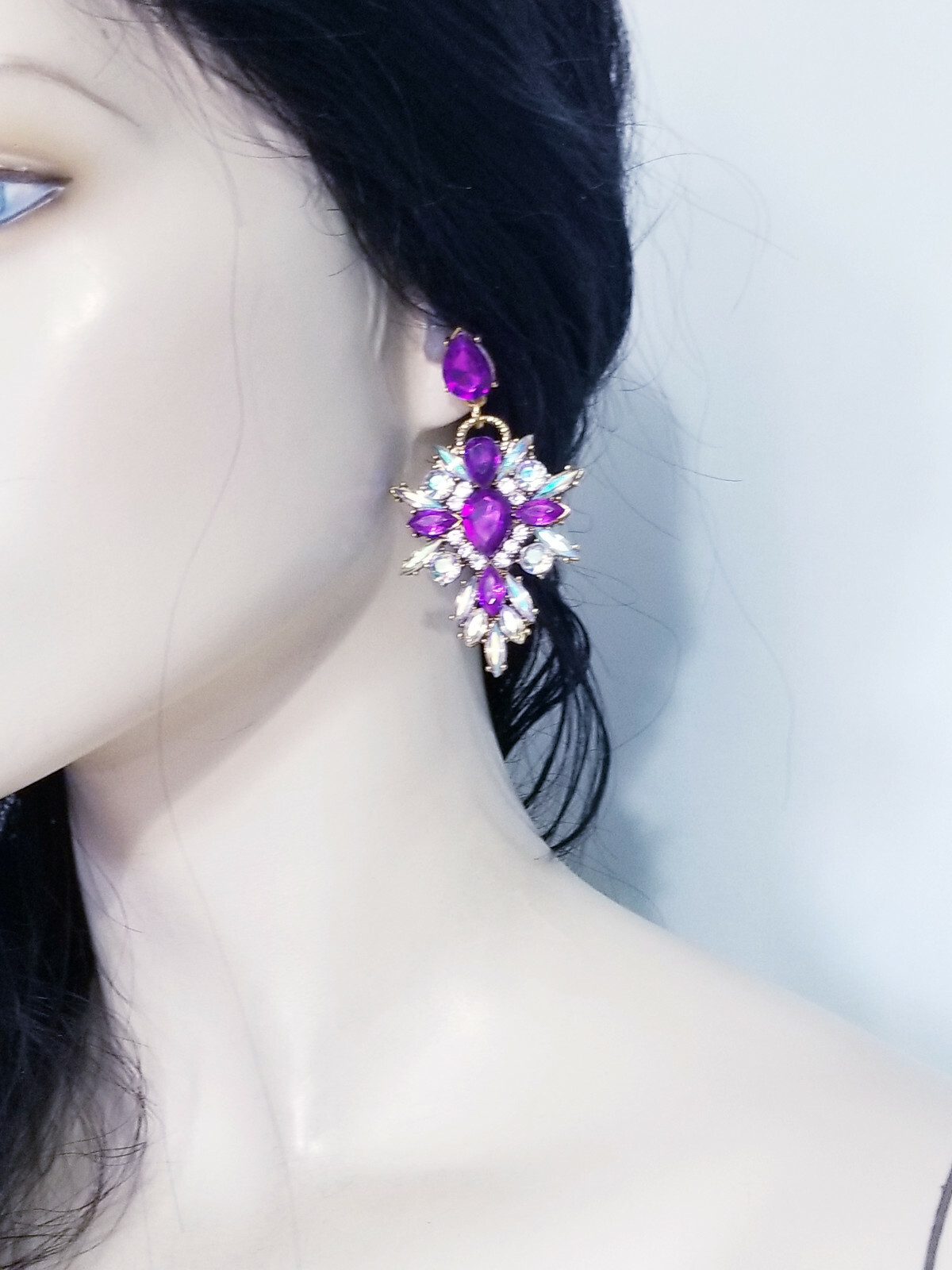 Chandelier Earrings Purple Rhinestone Crystal 2.8 in