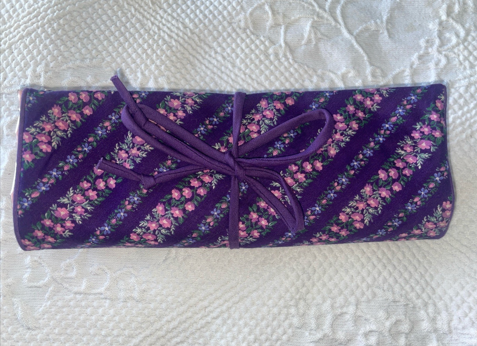 Vintage Jewelry Roll Travel Organizer/ Bag Purple Pink Floral 1970’s Granny Core